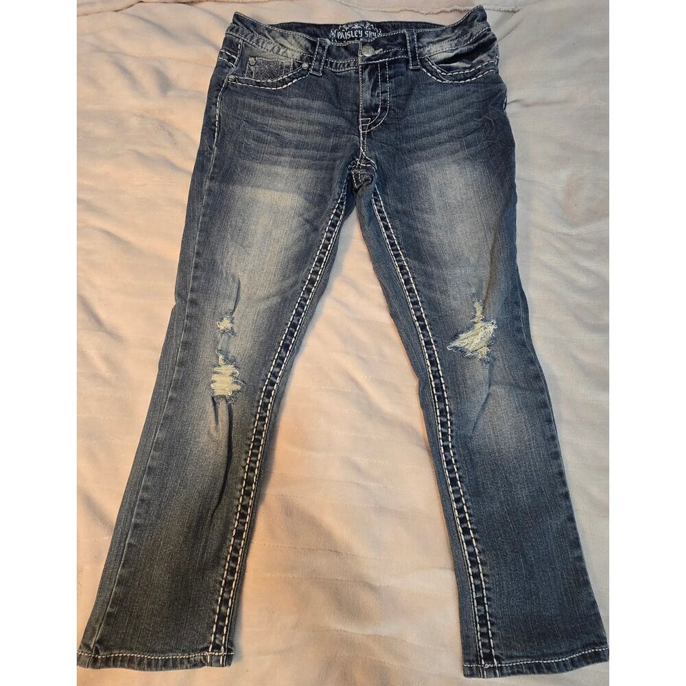 Paisley Sky Womens distressed Blue Jeans size 6 embellished